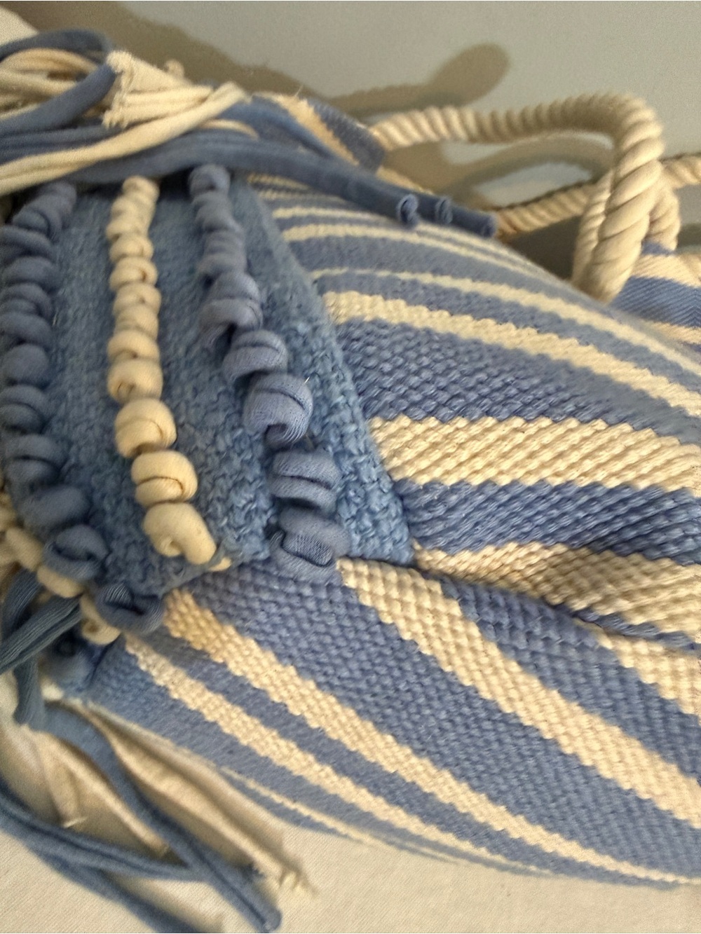 Striped Blue & Cream Fringe Tote Bag Rope Handles - Picture 8 of 16